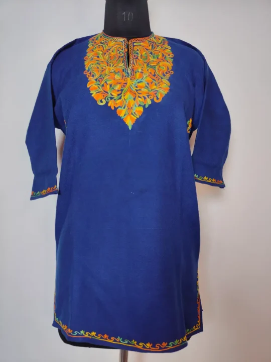 Mahrosh Blue Cashmilon Wool Pheran with Aari Work