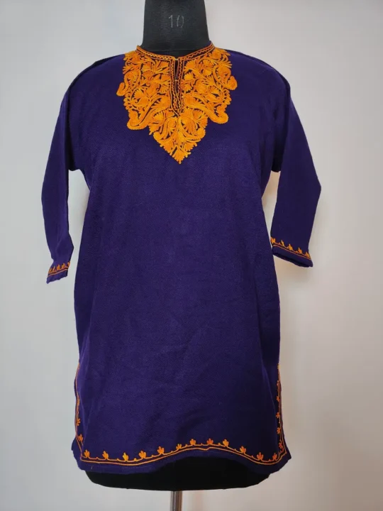 Dark Blue Cashmilon Wool Sehrish Pheran with Aari Work
