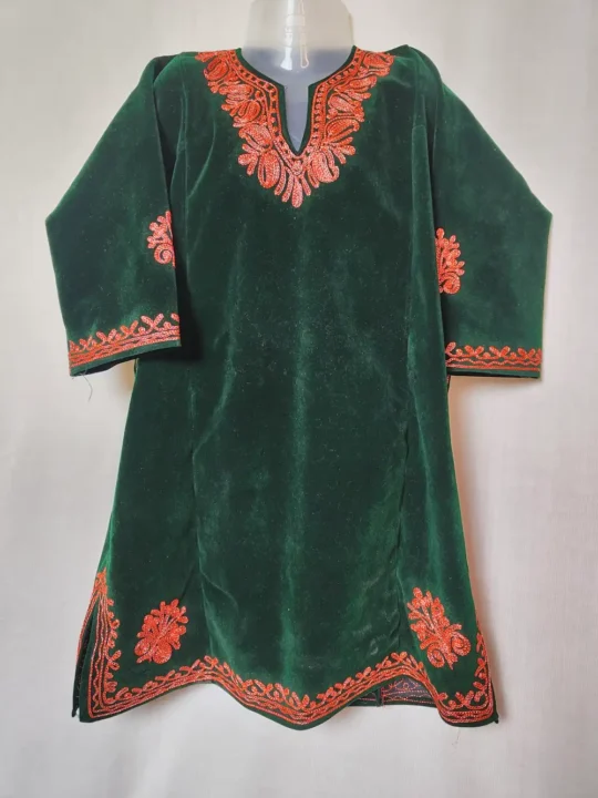 Dark Green Velvet Pheran with Zari Work Arzoo