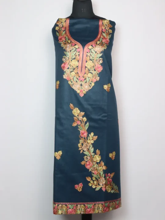 Teal Blue Unstitched 2pc Suit Fabric with Aari Work in Cashmilon Wool Saira
