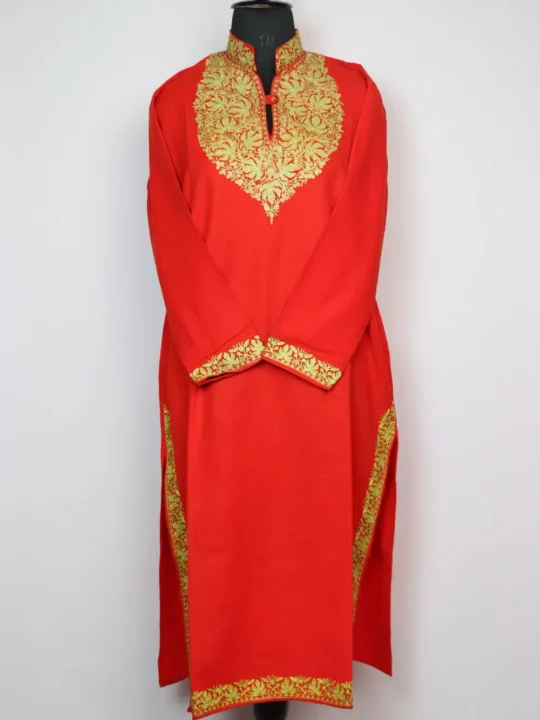 Long Red Collar Kurta with Zari Embroidery in Cashmilon Wool Zeenat