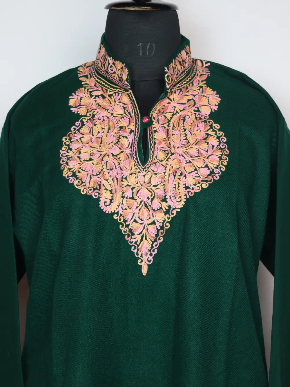 Long Kurta with Collar Dark Green in Cashmilon Wool with Aari Work Arwa - Image 2