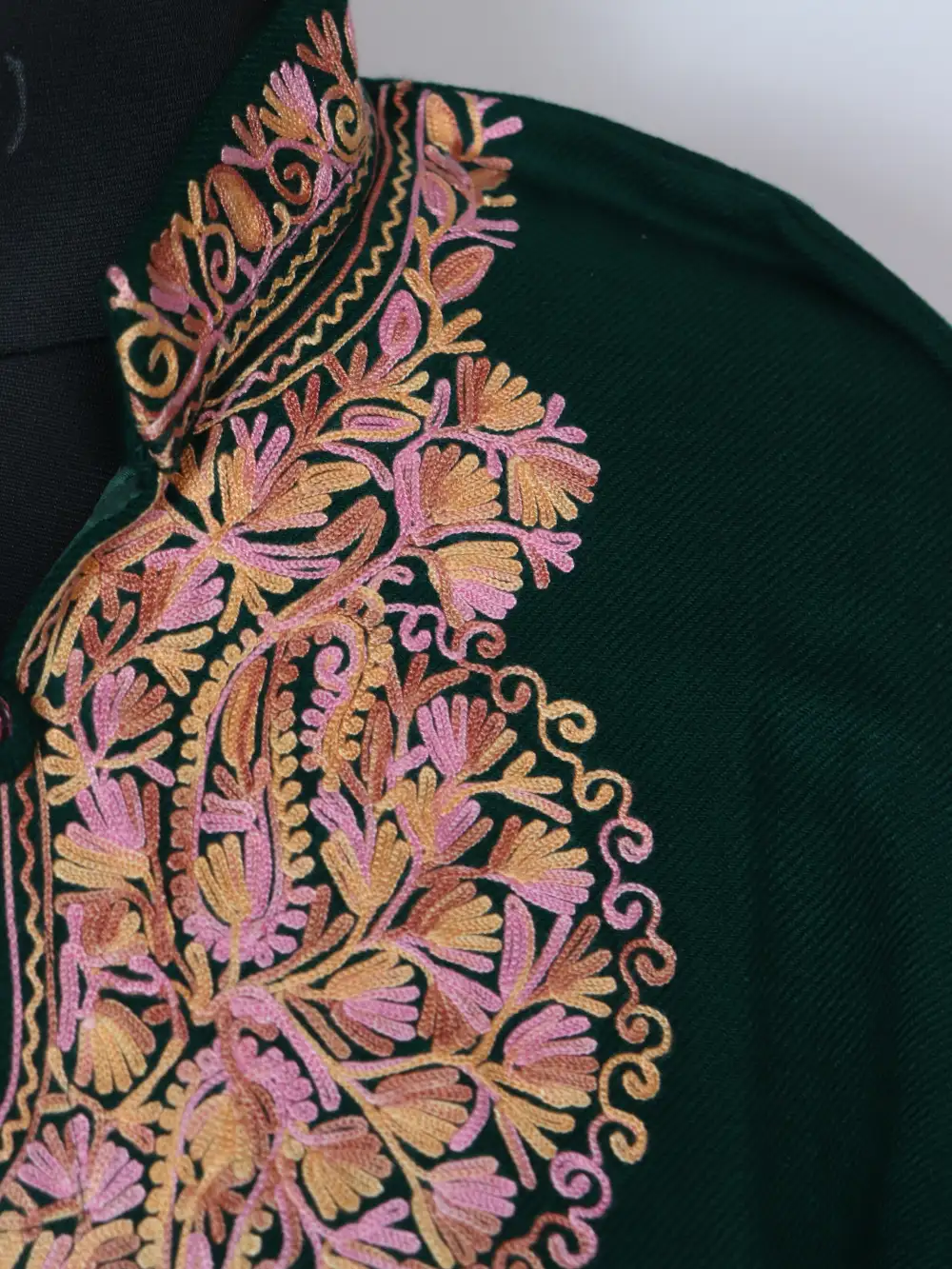 Long Kurta with Collar Dark Green in Cashmilon Wool with Aari Work Arwa - Image 3