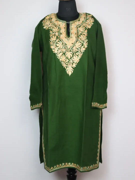 Embroidered Forest Green Long Kurta with Aari in Cashmilon Wool Zysha