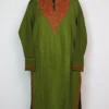 Long Kurta with Collar Mehandi Green Sama in Cashmilon Wool with Aari Work