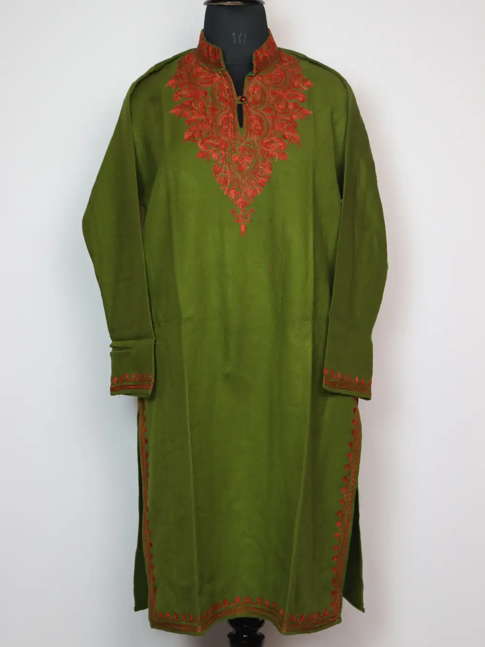 Long Kurta with Collar Mehandi Green Sama in Cashmilon Wool with Aari Work