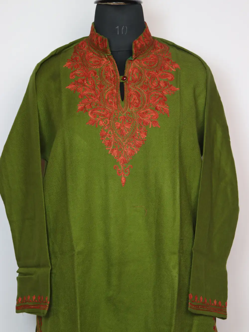 Long Kurta with Collar Mehandi Green Sama in Cashmilon Wool with Aari Work - Image 2