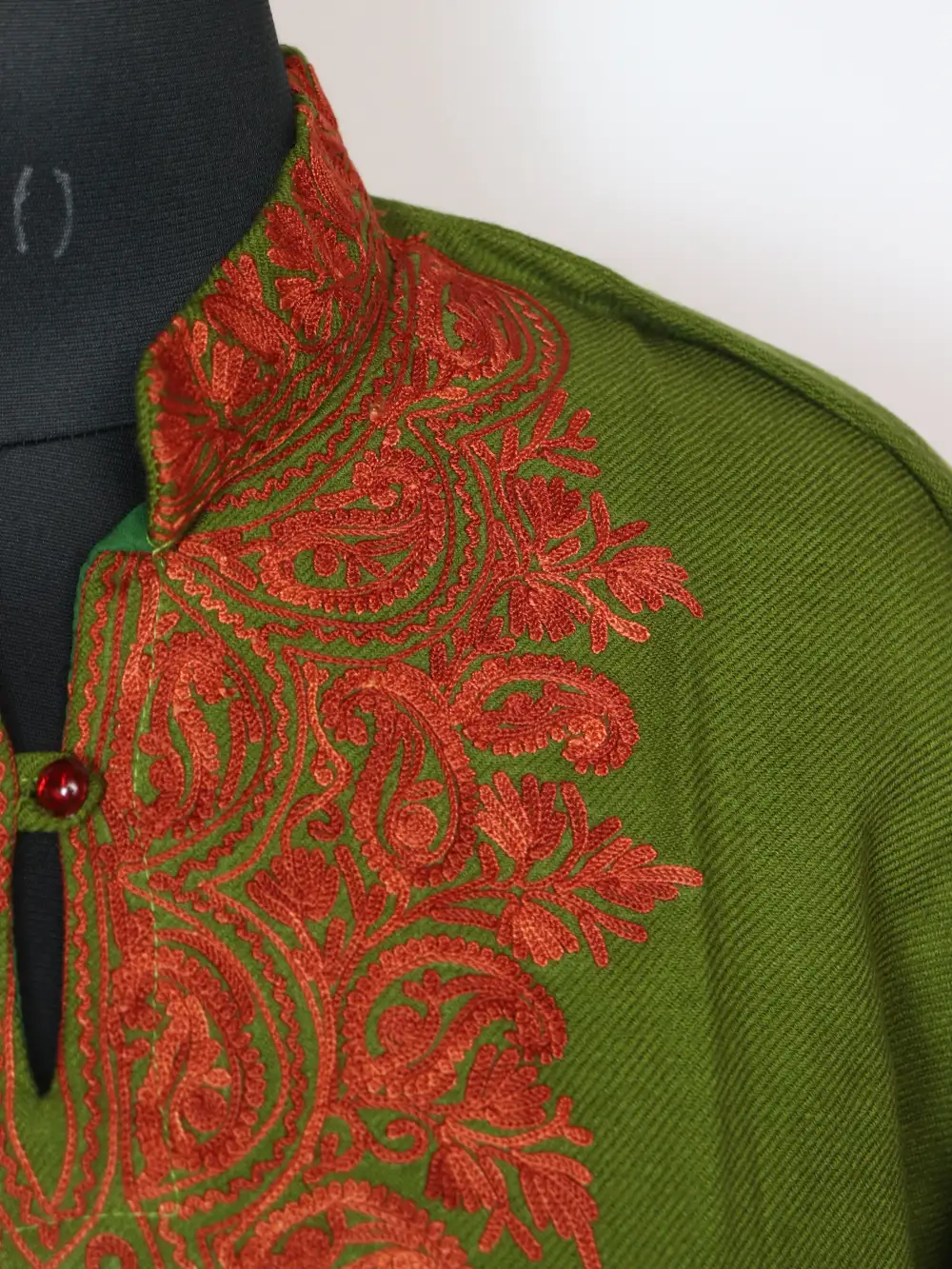 Long Kurta with Collar Mehandi Green Sama in Cashmilon Wool with Aari Work - Image 3