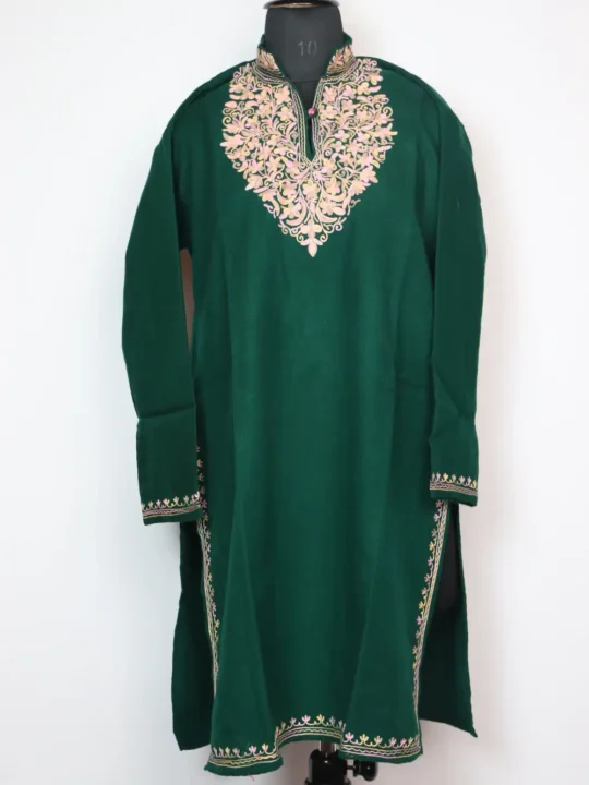 Long Kurta with Collar Dark Green in Cashmilon Wool with Aari Work Arwa
