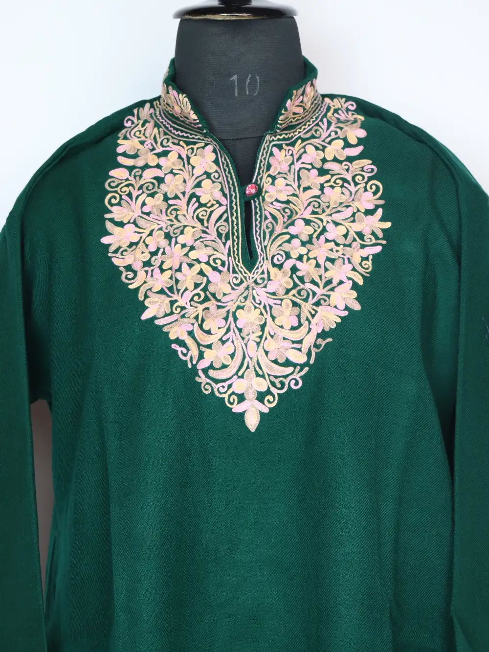 Dark Green Long Collar Kurta Hawa in Cashmilon Wool with Aari Work - Image 2