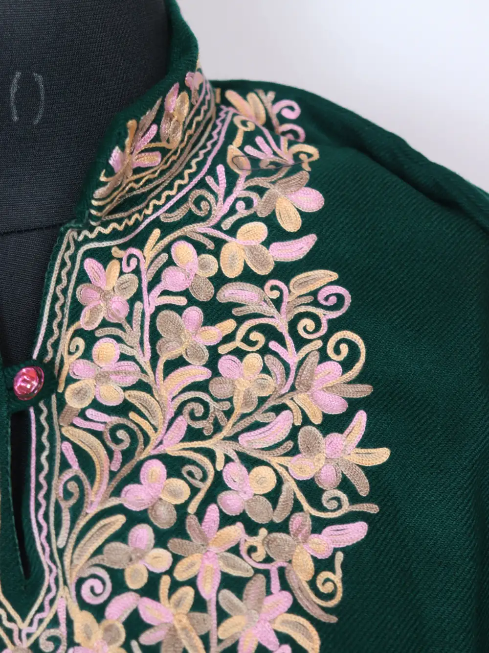 Dark Green Long Collar Kurta Hawa in Cashmilon Wool with Aari Work - Image 3