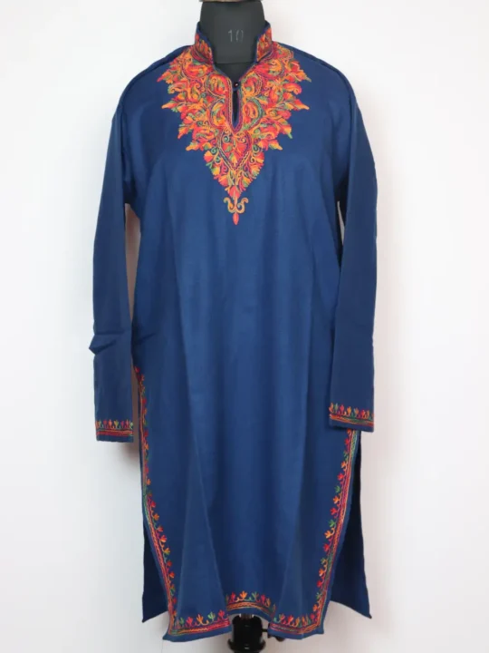 Royal Blue Collar Long Kurta with Aari Work in Cashmilon Wool Bahar