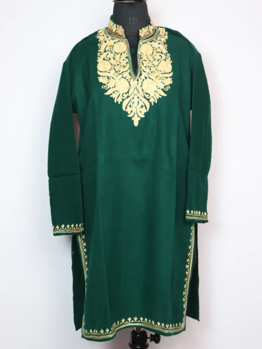 Woolen Dark Green Long Kurta with Collar Laila in Cashmilon with Aari Work