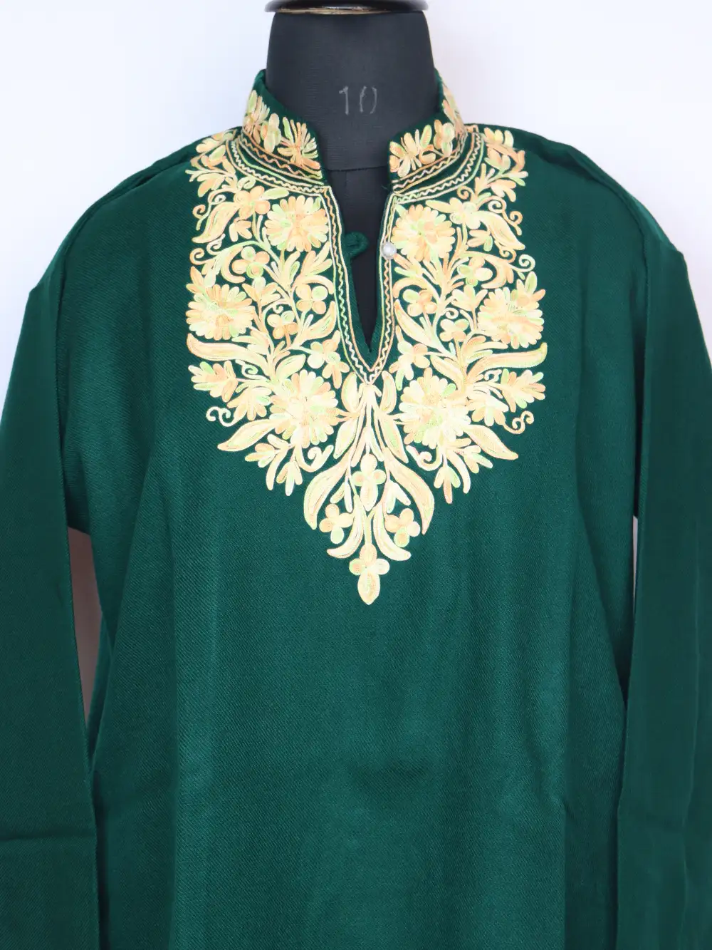 Woolen Dark Green Long Kurta with Collar Laila in Cashmilon with Aari Work - Image 2