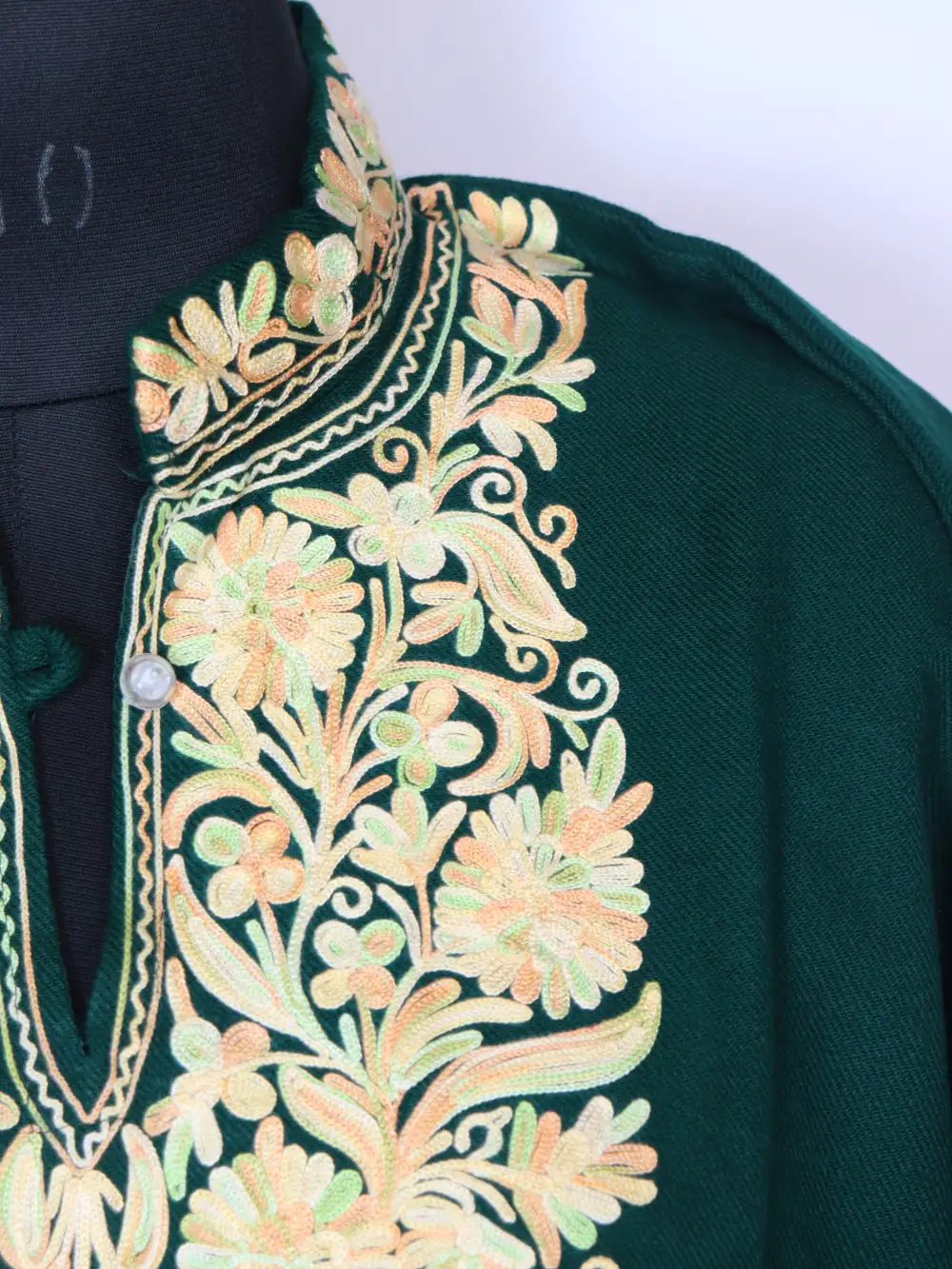 Woolen Dark Green Long Kurta with Collar Laila in Cashmilon with Aari Work - Image 3