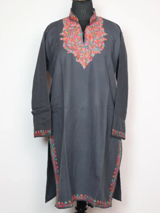 Dark Grey Woolen Long Kurta with Collar in Cashmilon with Aari Work Urwa