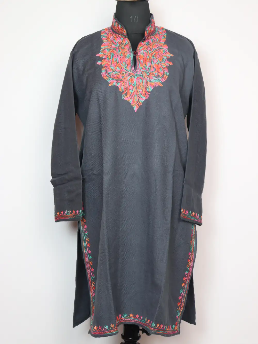 Dark Grey Woolen Long Kurta with Collar in Cashmilon with Aari Work Urwa