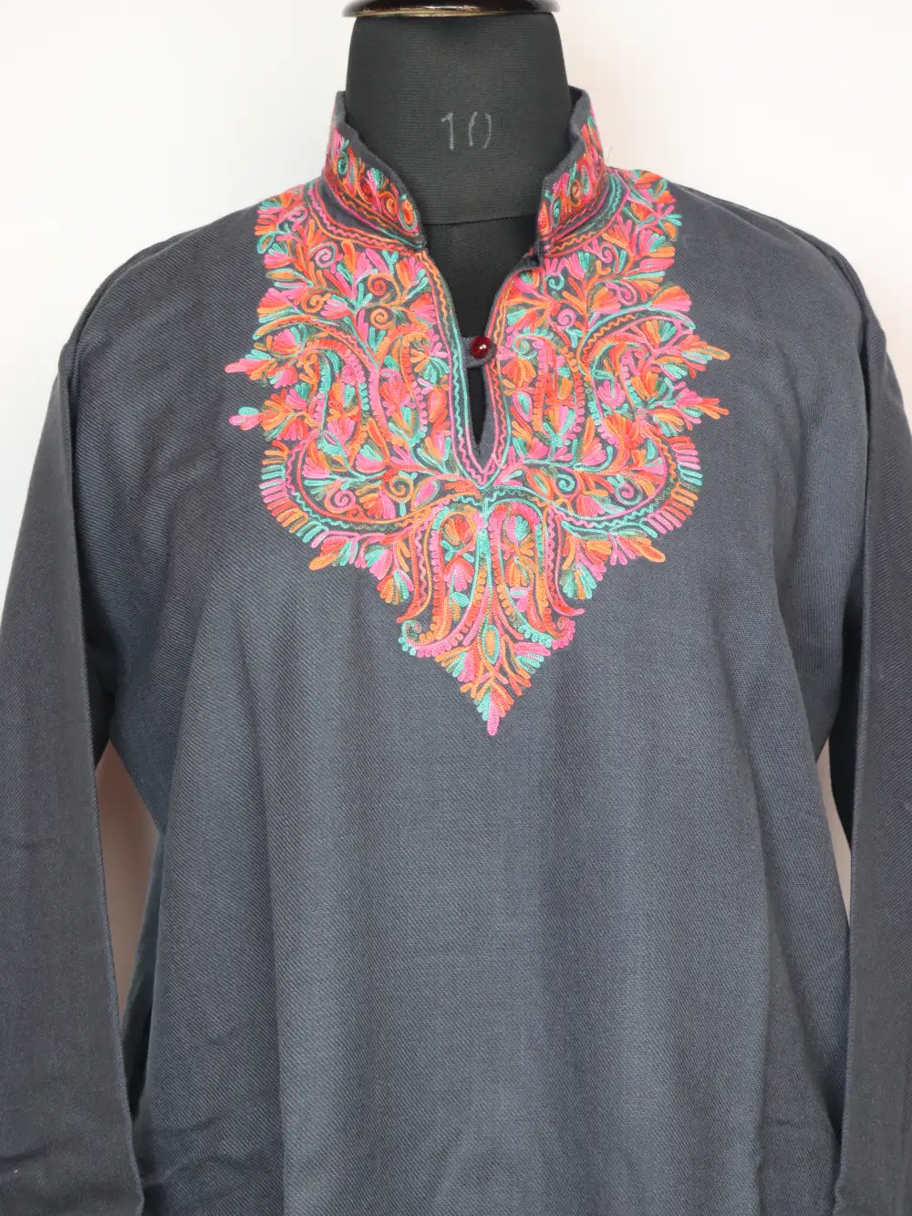 Dark Grey Woolen Long Kurta with Collar in Cashmilon with Aari Work Urwa - Image 2
