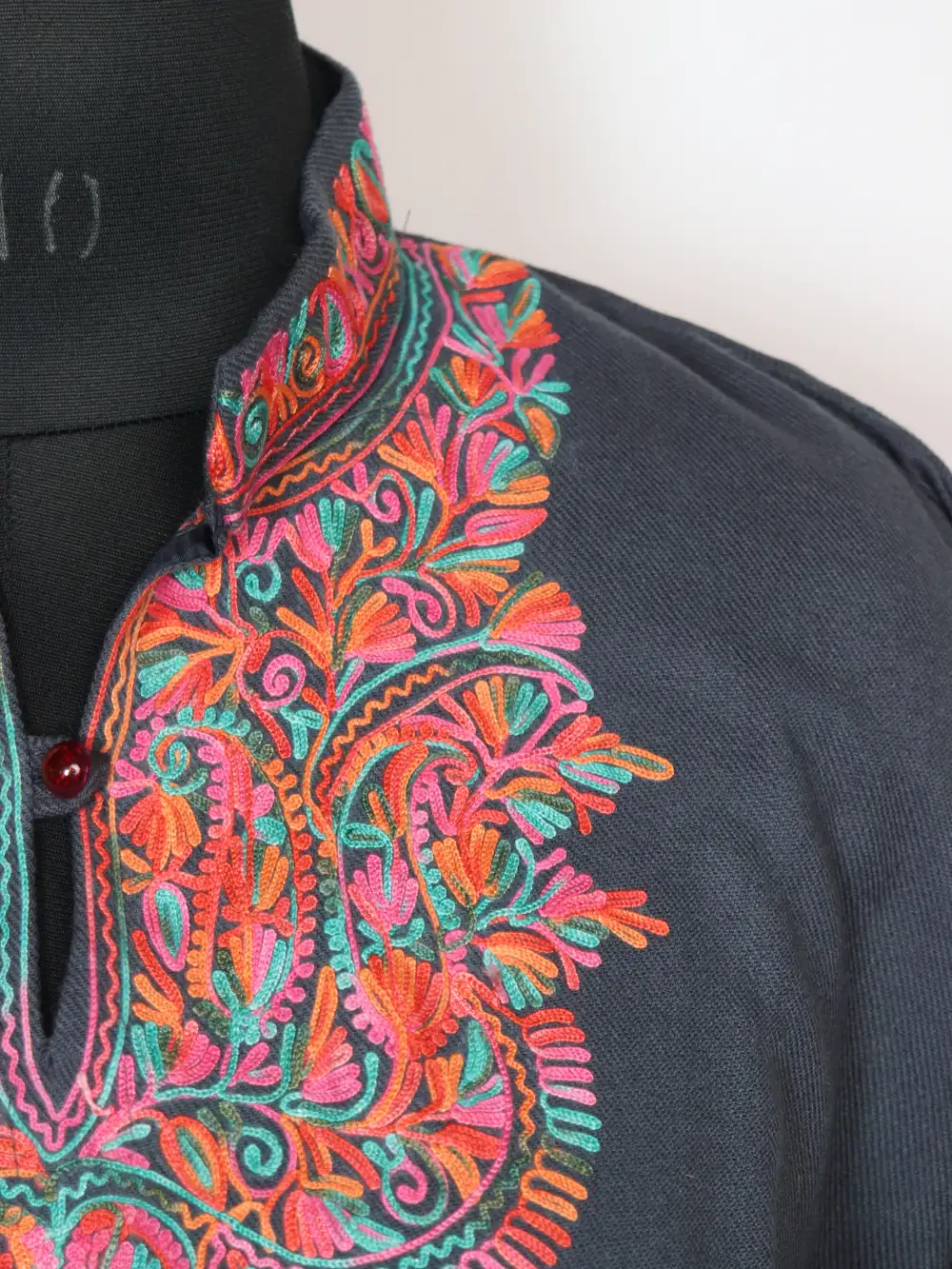 Dark Grey Woolen Long Kurta with Collar in Cashmilon with Aari Work Urwa - Image 3