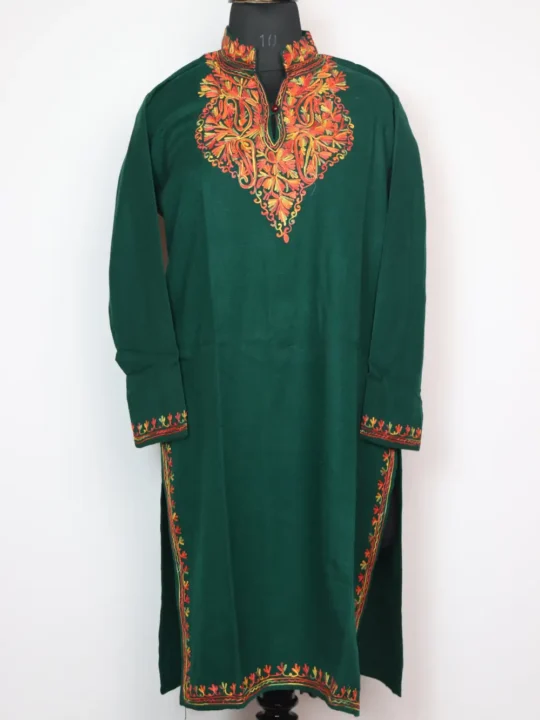 Heeba Dark Green Long Kurta with Collar in Cashmilon Wool with Aari Work