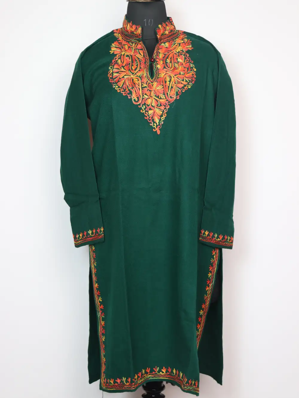 Heeba Dark Green Long Kurta with Collar in Cashmilon Wool with Aari Work
