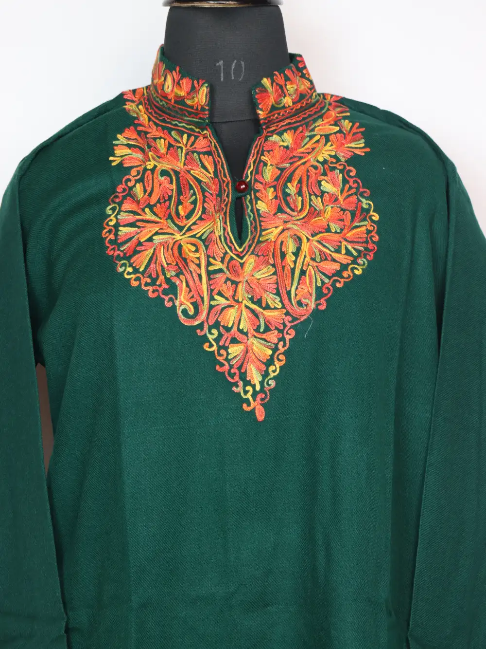 Heeba Dark Green Long Kurta with Collar in Cashmilon Wool with Aari Work - Image 2