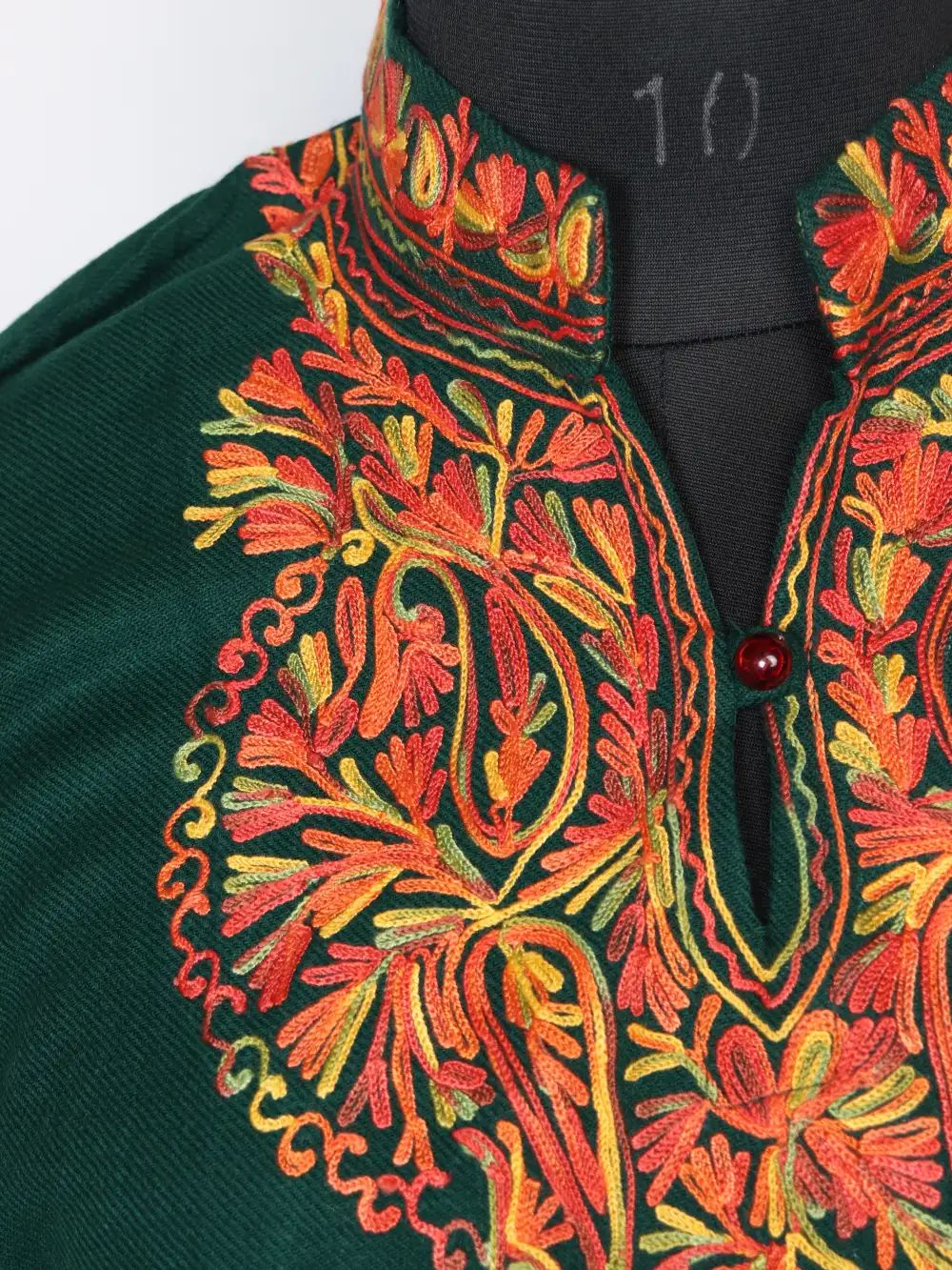 Heeba Dark Green Long Kurta with Collar in Cashmilon Wool with Aari Work - Image 3