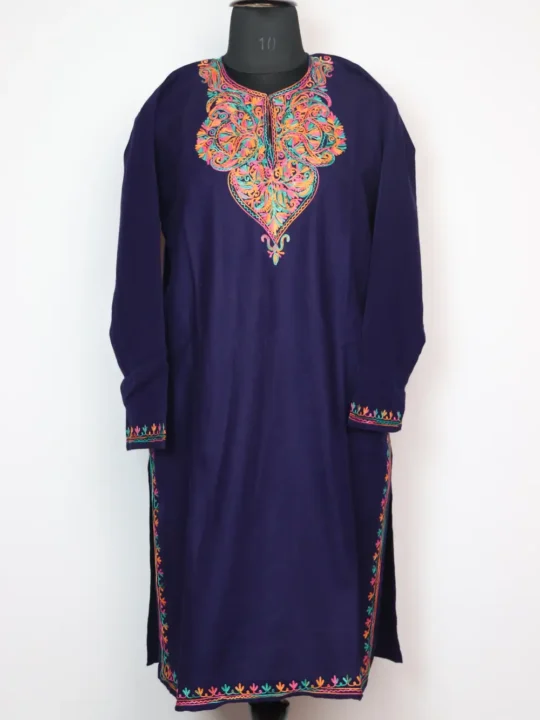 Woolen Navy Blue Long Kurta Sania in Cashmilon with Aari Embroidery