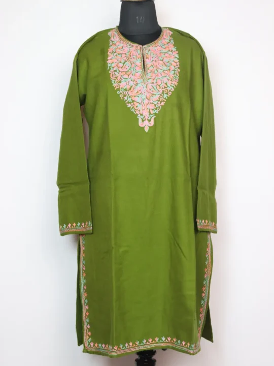 Woolen Mehandi Green Long Kurta in Cashmilon with Aari Work Jasmin
