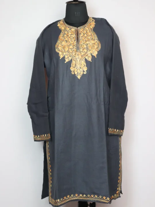 Embroidered Dark Grey Long Kurta Rozy in Cashmilon Wool with Aari