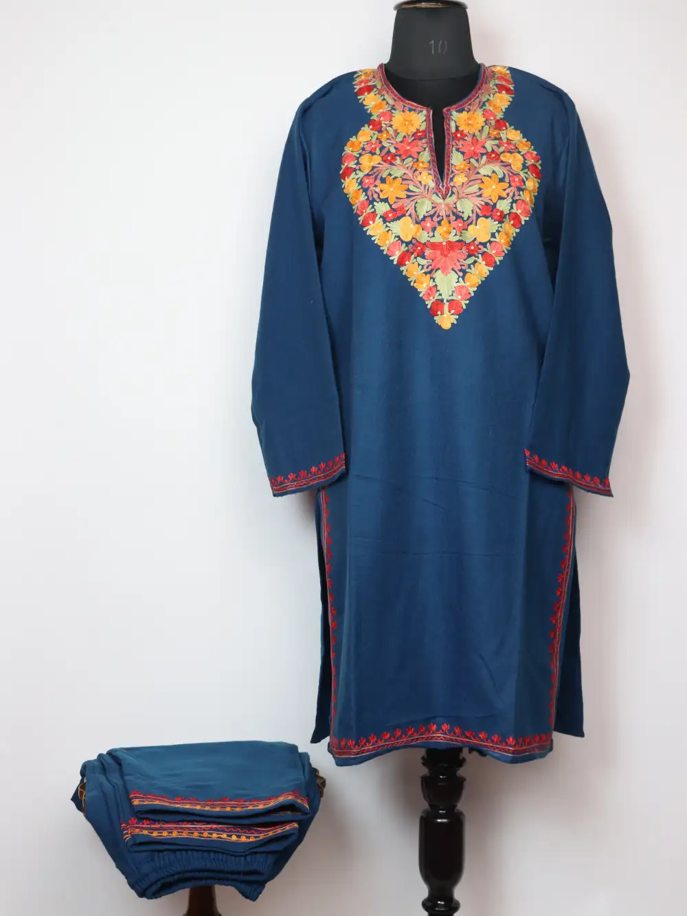 Oceanic Blue Sehr Cashmilon Wool Long Kurti Set with Aari Embroidery