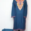 Woolen Oceanic Blue Long Kurti Set Minha Cashmilon with Aari Work