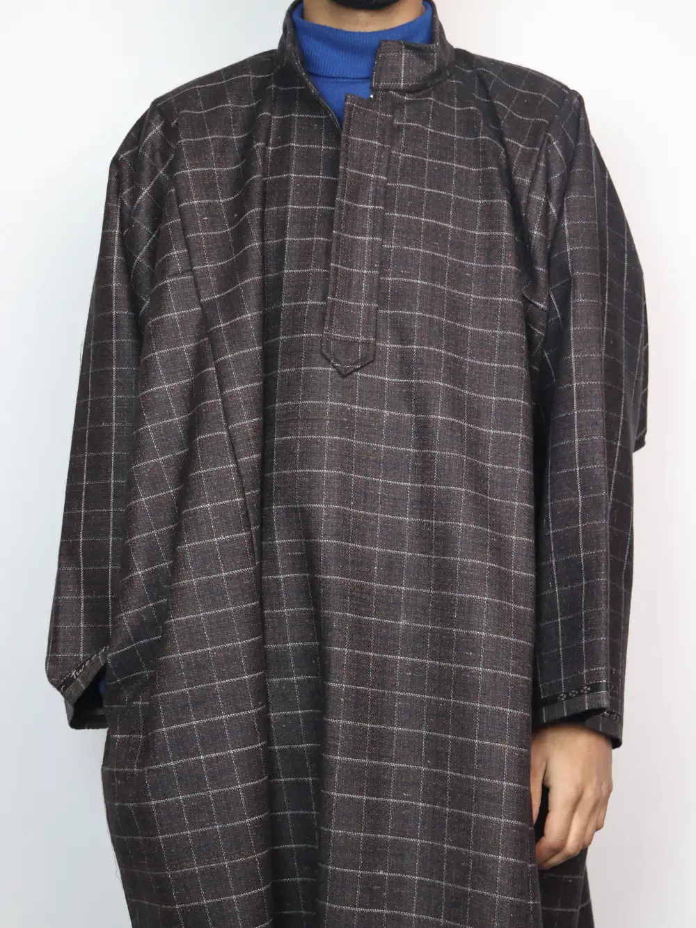 Shahzaib Dark Brown Check Kashmiri Pheran in Tweed - Image 2