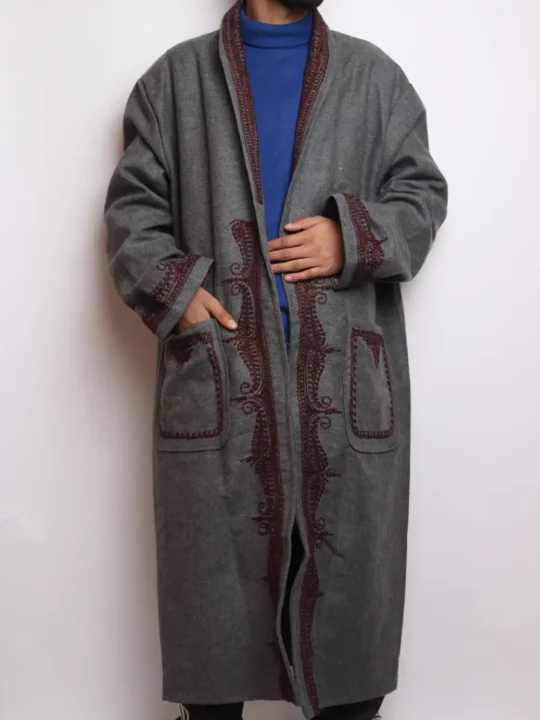 Grey Kashmir Gown | Bathrobe for Men in Tweed Wool with Hand Aari Work