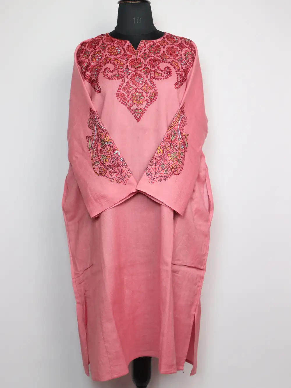 Loose Baby Pink Pheran Mirza in Raffal Wool with Hand Sozni Embroidery