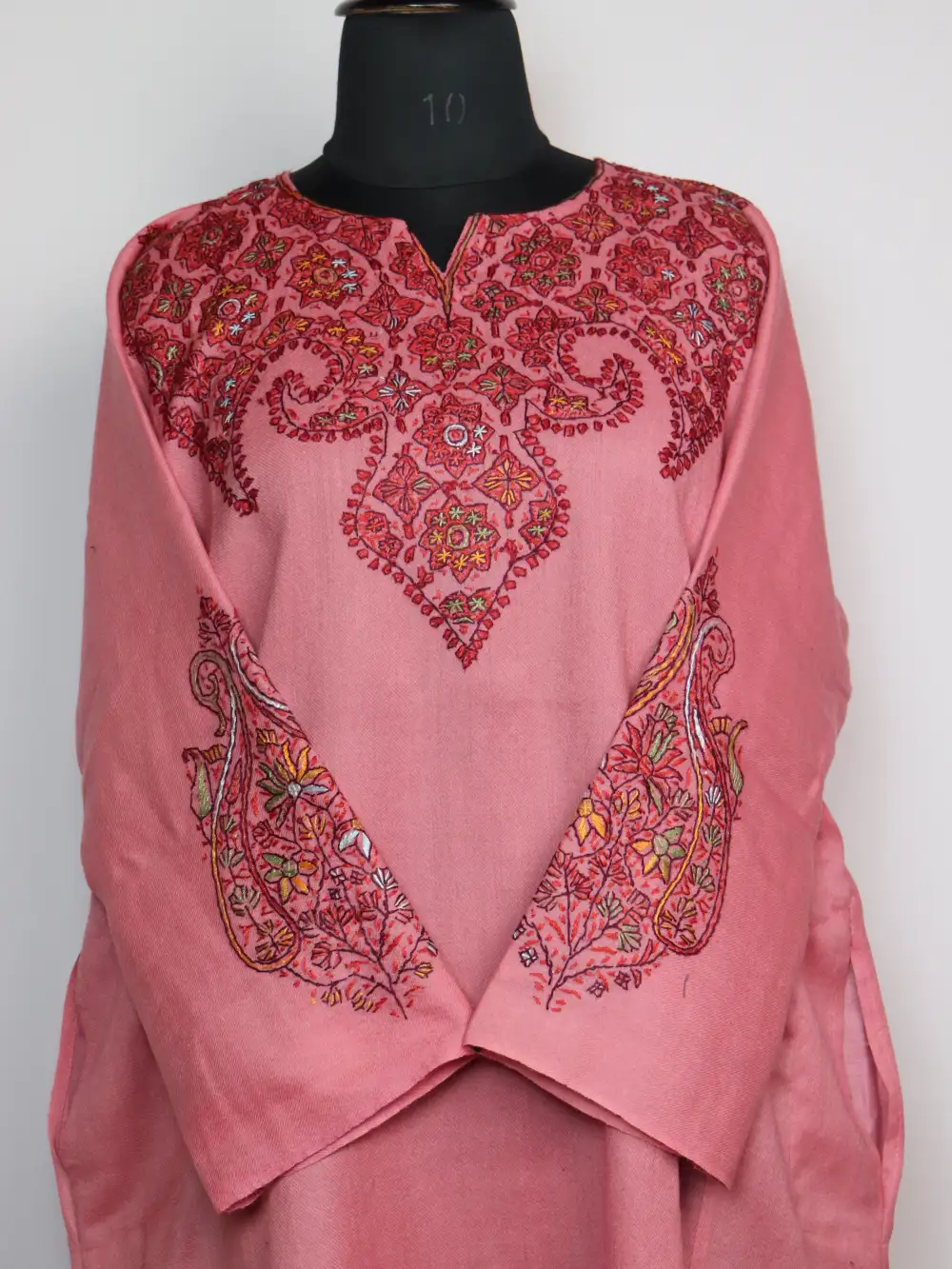 Loose Baby Pink Pheran Mirza in Raffal Wool with Hand Sozni Embroidery - Image 2