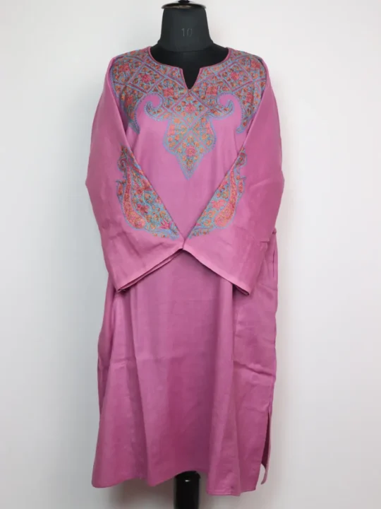 Mirza Pink Pheran with Hand Sozni Work in Raffal Wool