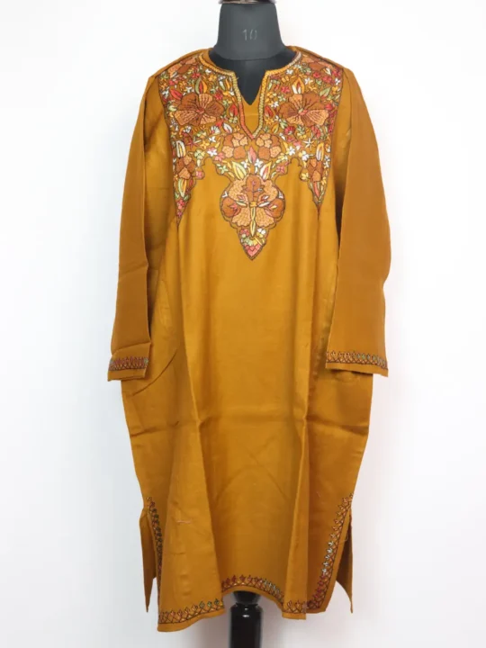 Raffal Wool Brown Pheran Halima with Hand Sozni Paper Machie Work