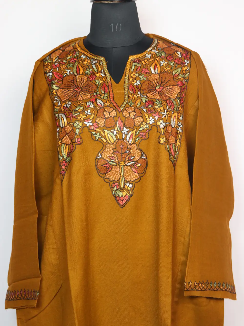 Raffal Wool Brown Pheran Halima with Hand Sozni Paper Machie Work - Image 2