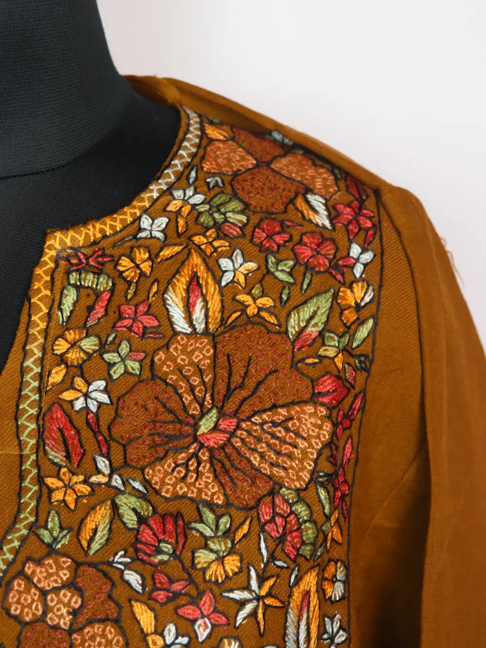 Raffal Wool Brown Pheran Halima with Hand Sozni Paper Machie Work - Image 3