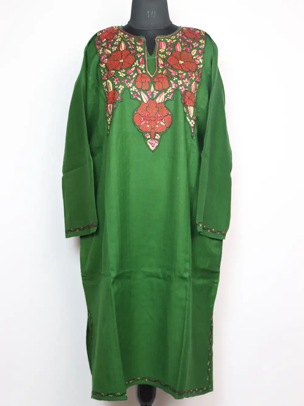Jasira Raffal Wool Dark Green Pheran with Hand Sozni Paper Machie Embroidery