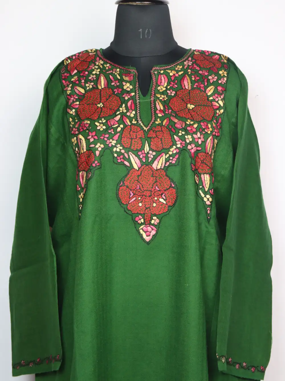 Jasira Raffal Wool Dark Green Pheran with Hand Sozni Paper Machie Embroidery - Image 2