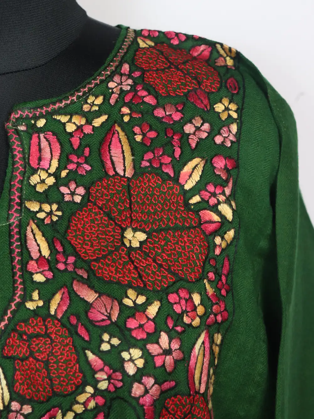Jasira Raffal Wool Dark Green Pheran with Hand Sozni Paper Machie Embroidery - Image 3