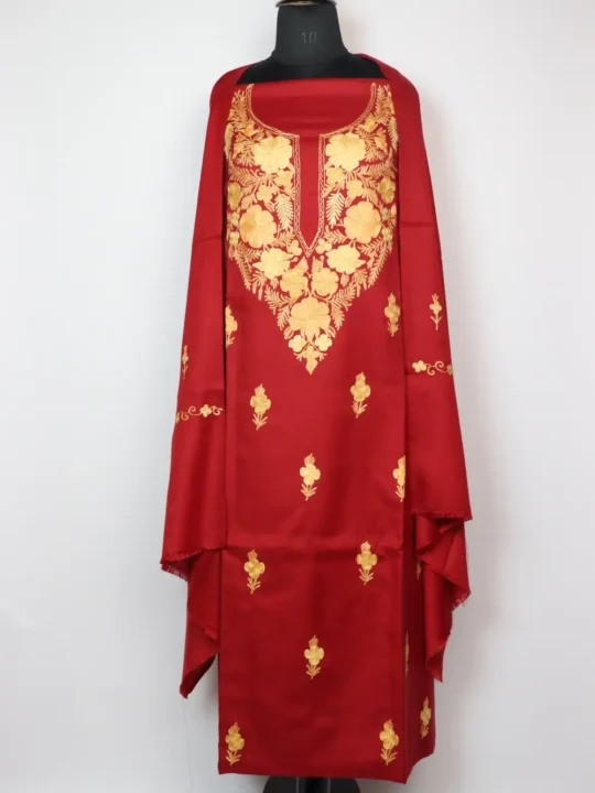 Embroidered Maroon 3pc Woolen Suit Dress Material with Aari Urwa