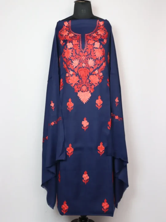 Woolen Royal Blue 3pc Suit Dress Material Nahiya with Aari Embroidery