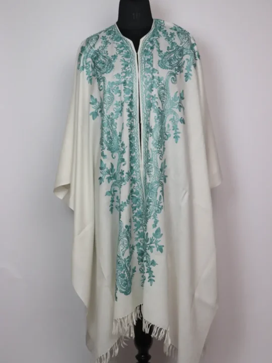 White Kashmiri Cape Shawl for Winter in Wool with Front Back Aari Embroidery