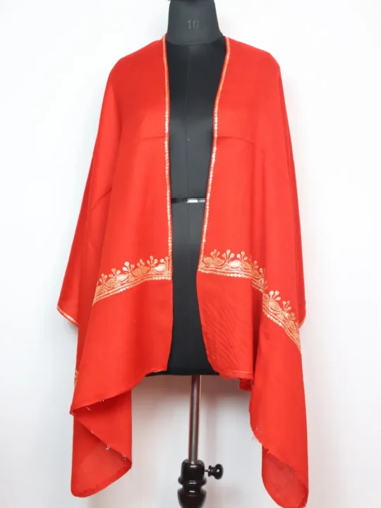 Afsana Red Bottle Tillawork Stole in Pure Wool for Women