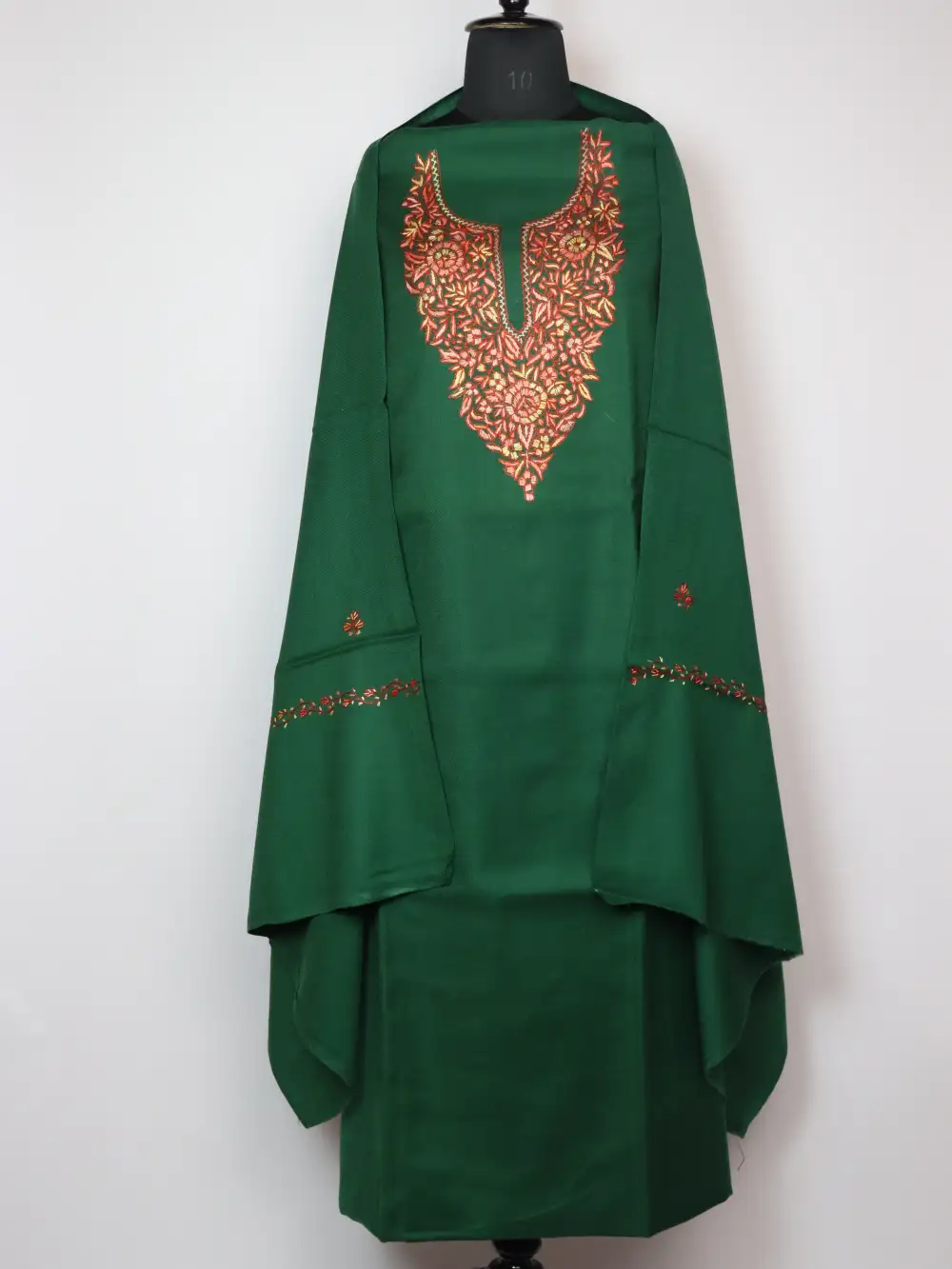 3pc Dark Green Woolen Salwar Suit Fabric with Hand Sozni Paper Machie Work Yasmin