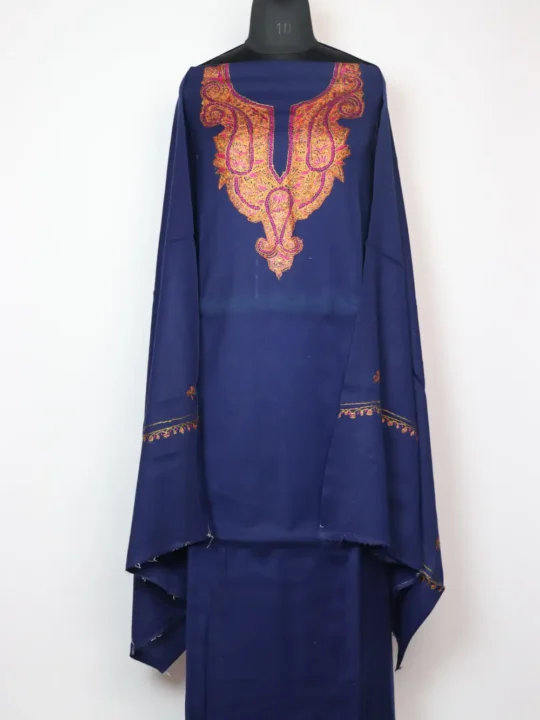Woolen 3pc Dark Blue Salwar Suit Fabric Fiza with Hand Sozni Paper Machie Work