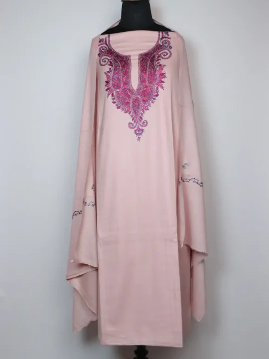 Baby Pink Woolen 3pc Salwar Suit Fabric Anha with Hand Sozni Paper Machie Embroidery